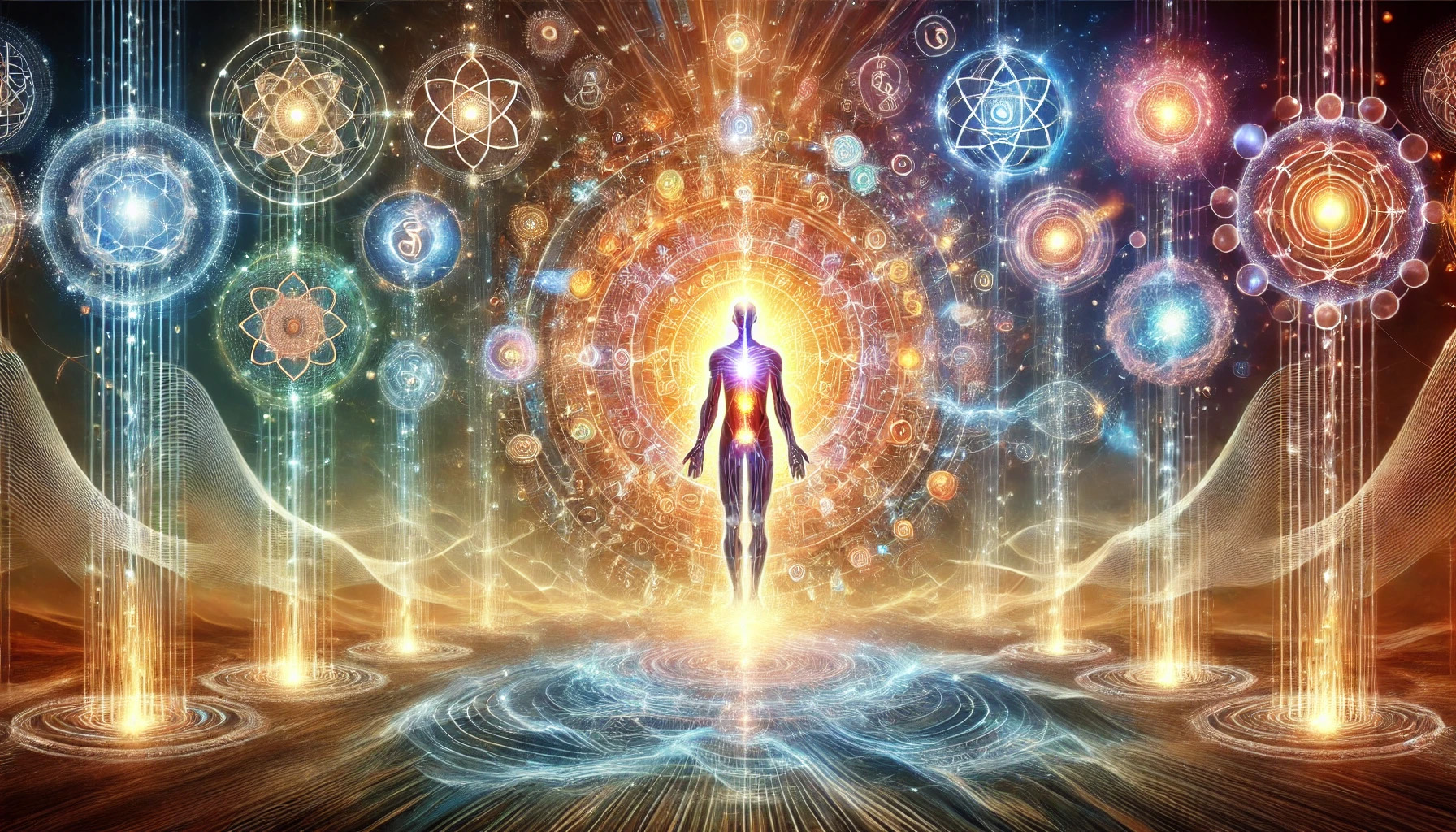 un soin bioénergétique et la dissolution des blocages énergétiques. L'image symbolise la purification, la transformation spirituelle et l'équilibre énergétique, avec des éléments visuels de chakras lumineux, de géométrie sacrée et de connexions célestes et terrestres.